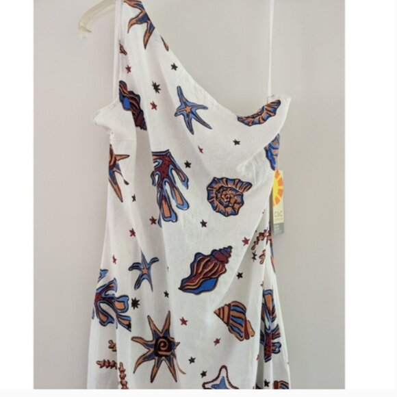 Linen Blend Shell Print One-Shoulder Nautical Seashell Dress - Picture 3 of 4